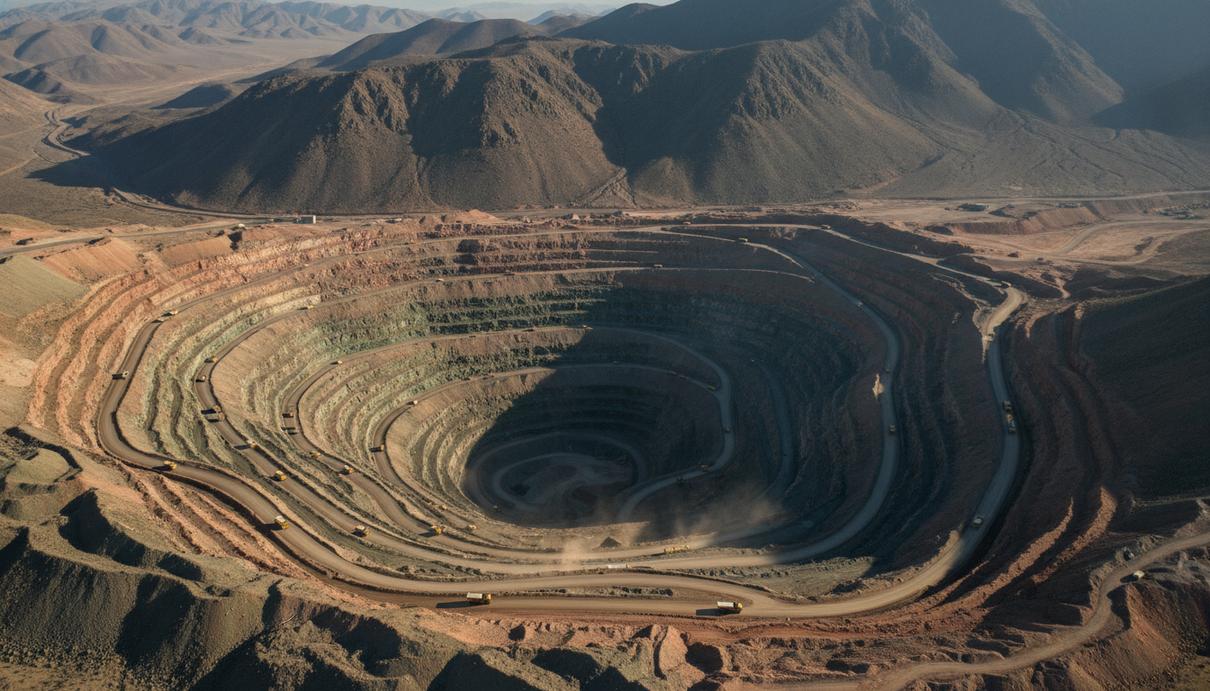 Anglo American и Codelco совместно разработают медные рудники в Чили Огромный карьер по добыче меди в Андах с высоты птичьего полёта. Видны террасы разреза, технологические дороги и карьерные самосвалы.