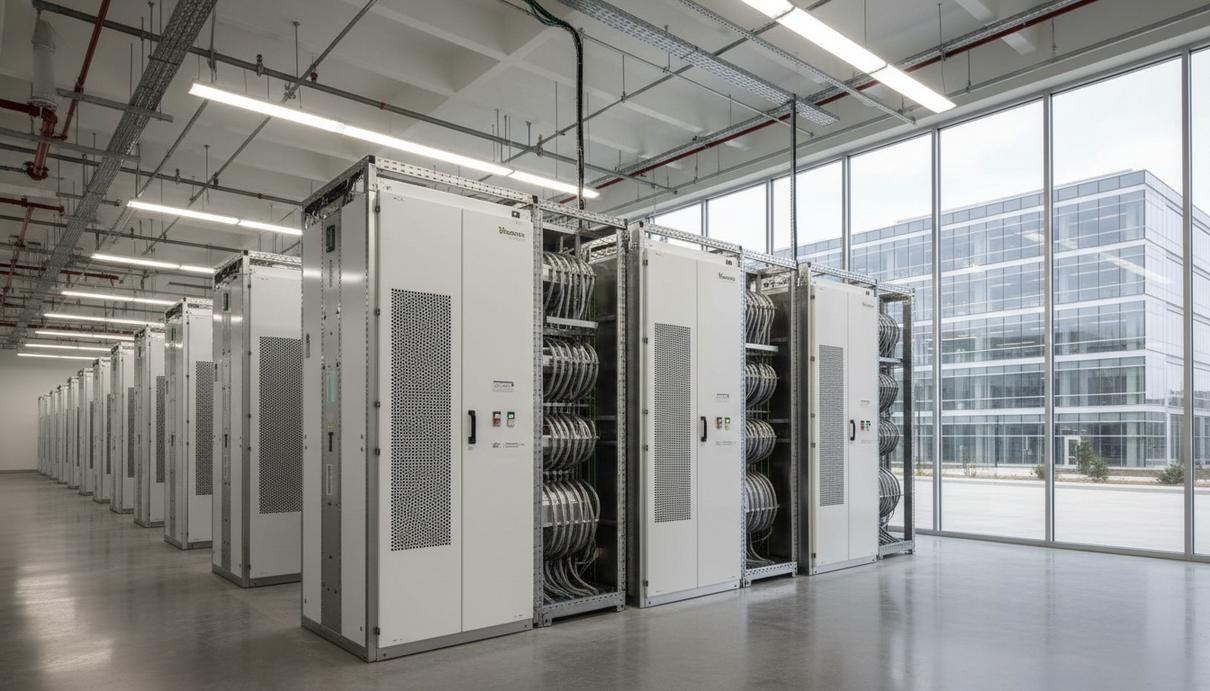 Ряды современных топливных элементов Bloom Energy белого и зеленого цвета в промышленном помещении рядом со зданием дата-центра.