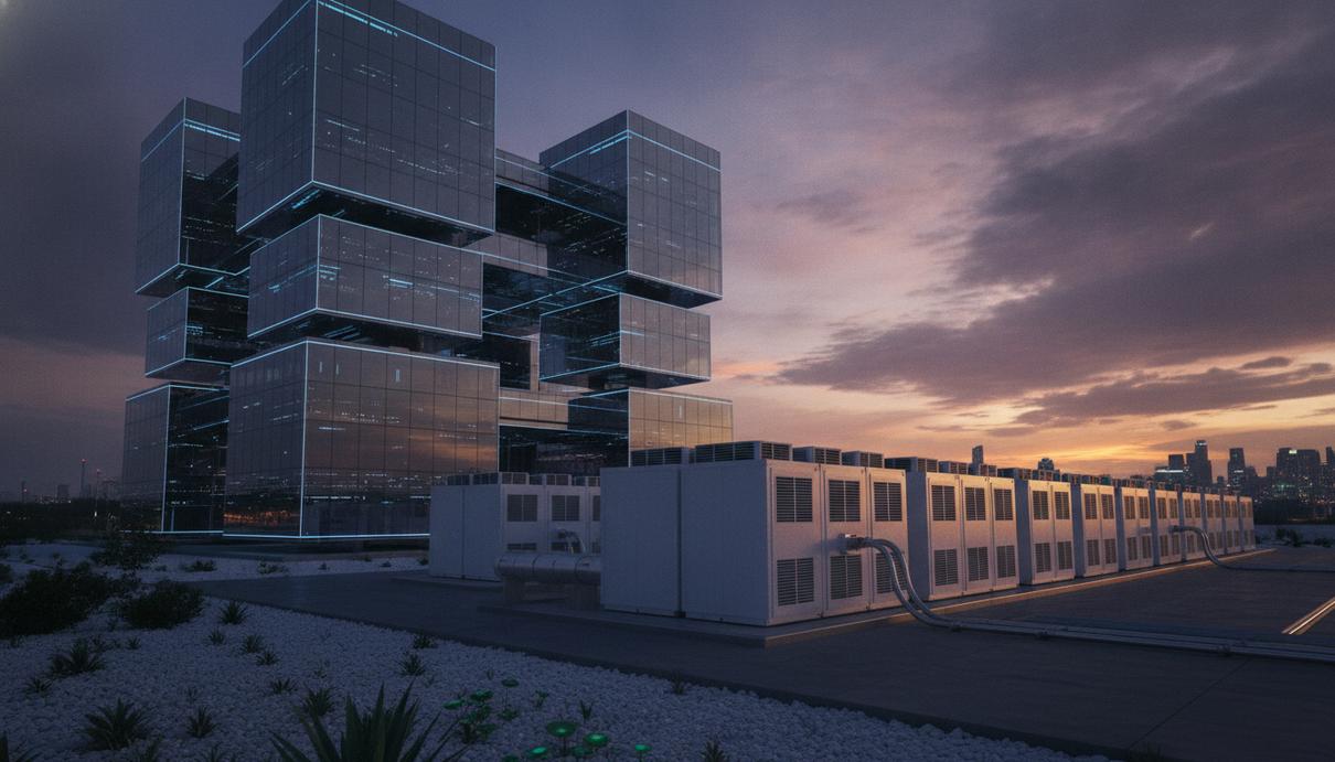 Brookfield и Bloom Energy направят $25 млрд на энергию для ИИ-инфраструктуры Современный дата-центр для искусственного интеллекта и расположенные рядом с ним модульные топливные элементы для локального энергоснабжения.