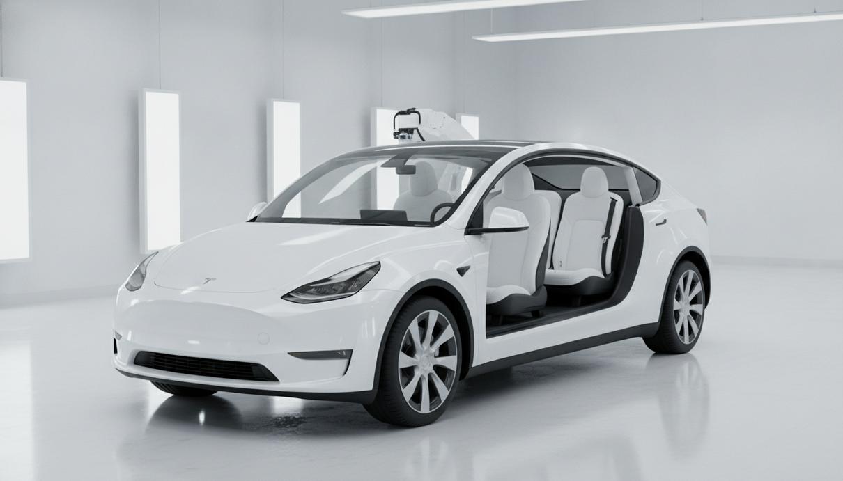 Tesla начала выпуск шестиместной Model Y на фоне падения акций Новый шестиместный электрический внедорожник Tesla Model Y L в светлом и просторном производственном цехе.
