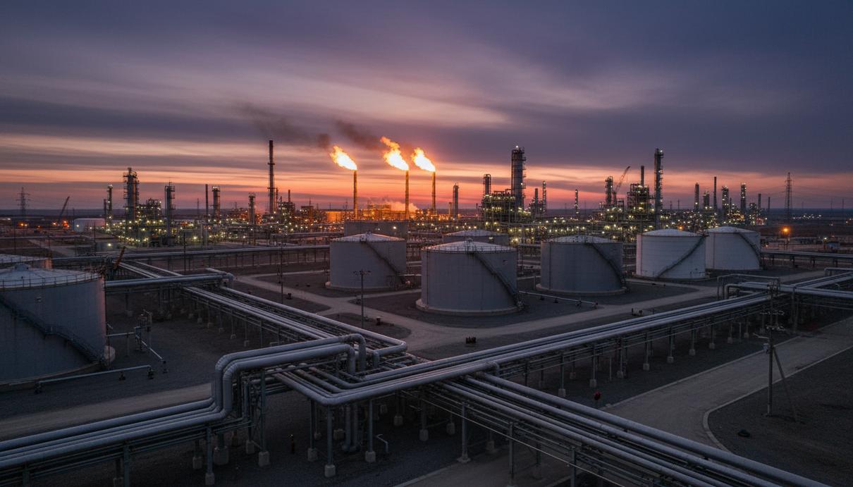 Спрос на газ в США растет благодаря ИИ, экспорту и вытеснению угля Крупный газоперерабатывающий завод с переплетением трубопроводов и резервуаров на закате, вдали видны факельные установки.