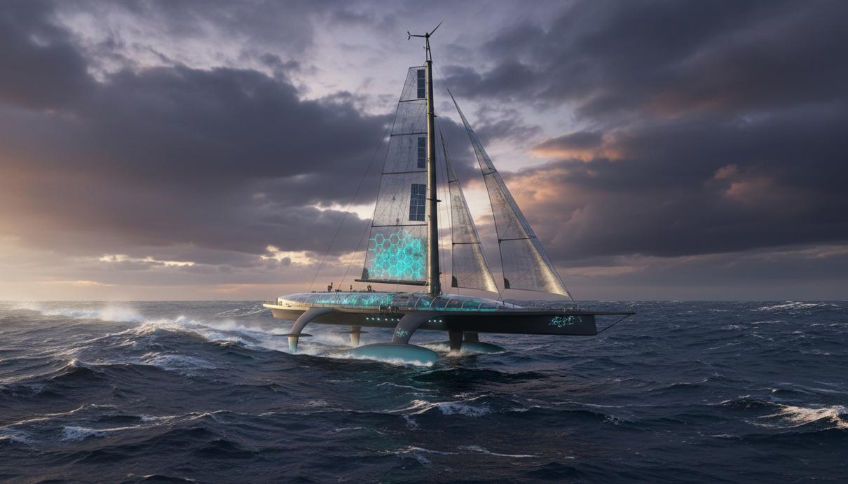 DRIFT Energy построит флот для производства водорода в море за $500 млн Современное автономное парусное судно в неспокойном открытом море под облачным небом.