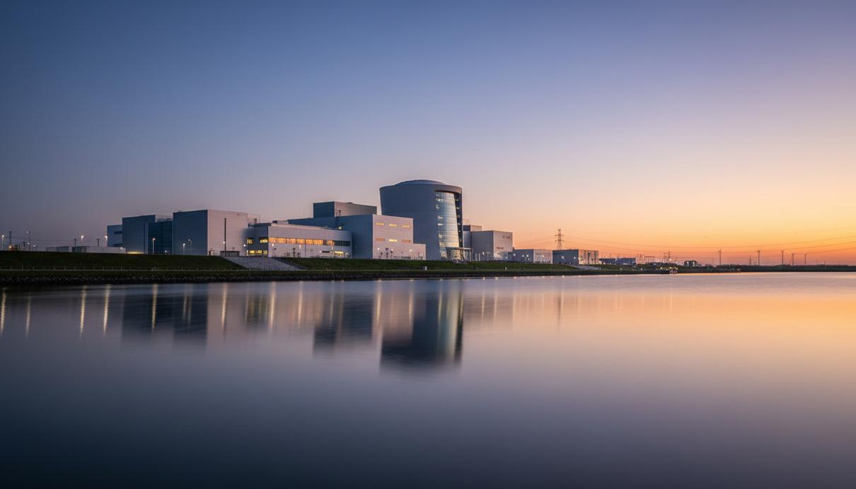 Holtec Nuclear выходит на IPO на фоне спроса со стороны дата-центров Современное здание атомной электростанции с куполом реактора на берегу водоёма в вечернее время.