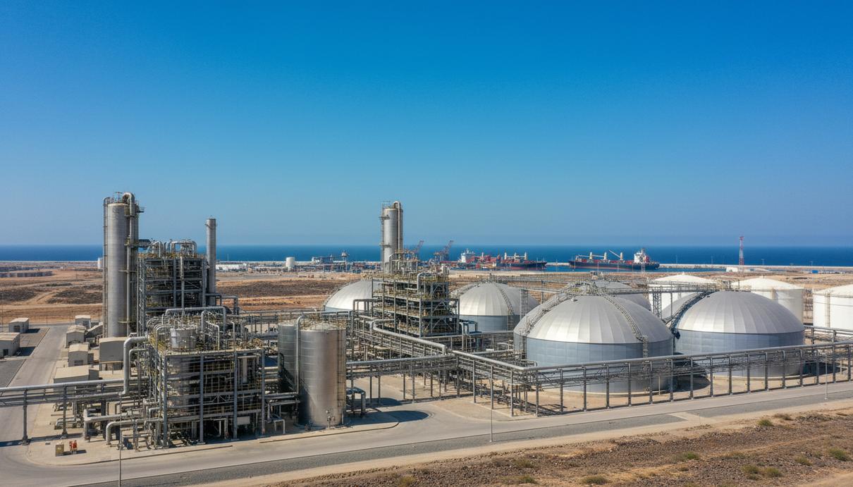Majan Petrochemical вложит $29 млн в завод удобрений в Омане Современный завод по производству удобрений в портовой зоне Омана. Промышленные здания, резервуары и сеть трубопроводов на фоне морского порта.