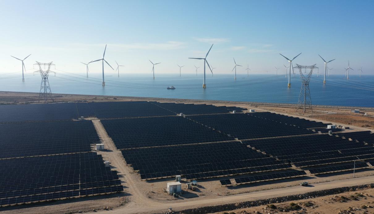 Iberdrola нарастила мощности ВИЭ в Европе, США и Австралии Морская ветряная электростанция и солнечные панели на побережье, соединённые линиями электропередачи.