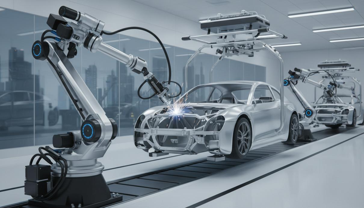 Toyota и Nvidia внедрят ИИ в производство и городскую инфраструктуру Роботизированный манипулятор на сборочной линии современного автомобильного завода. Промышленный робот работает с кузовом автомобиля в высокотехнологичном цехе.