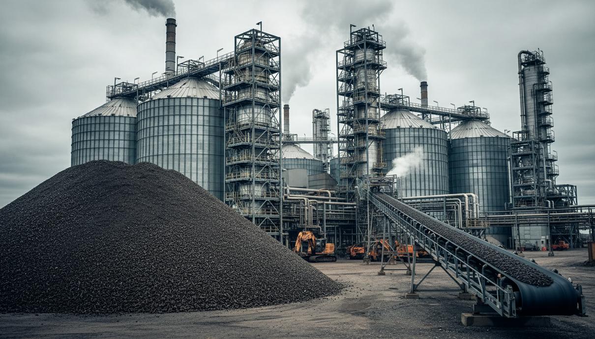 Rio Tinto заменит уголь биотопливом на глиноземных заводах в Австралии Промышленный комплекс глиноземного завода с высокими силосами и трубопроводами, на переднем плане – куча биотопливных пеллет.