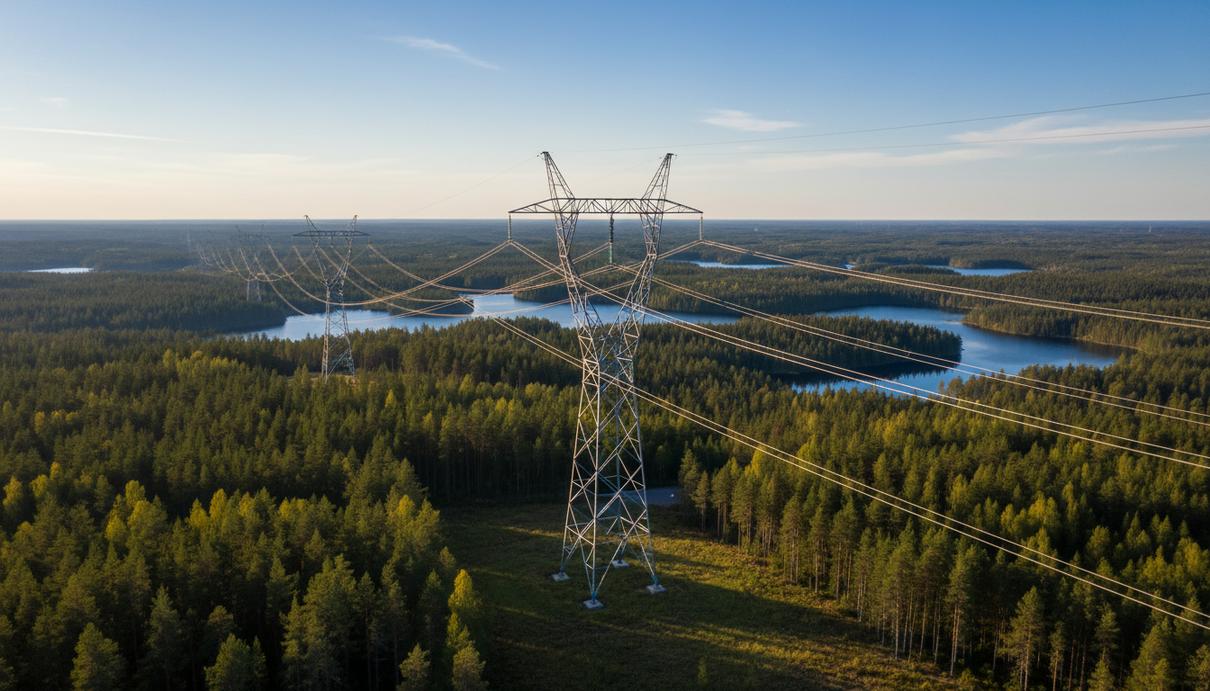 Iberdrola купит финскую Caruna на фоне роста спроса на электросети Современные линии электропередачи и опора ЛЭП в лесистой местности Финляндии на фоне озера.