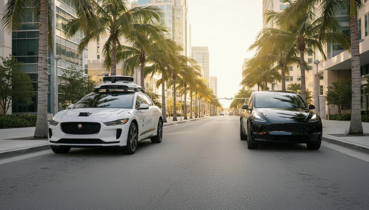 Белый беспилотный автомобиль Waymo и черный Tesla Model Y на солнечной городской улице в Тампе, штат Флорида.
