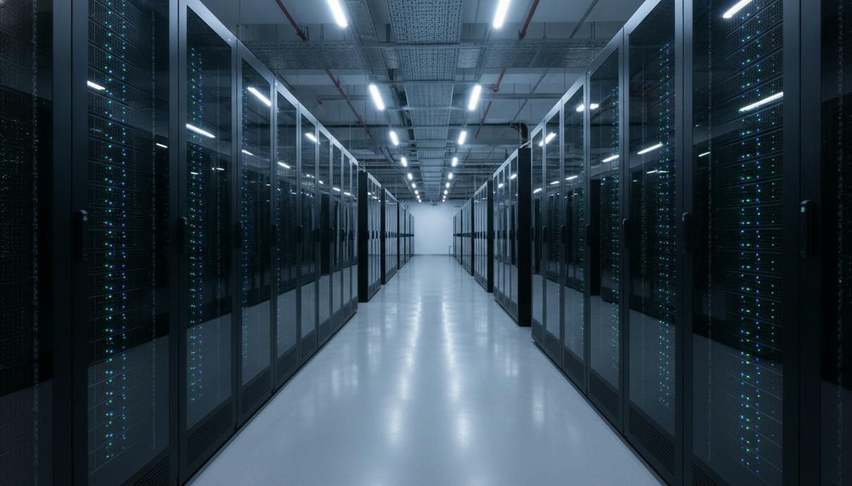 Длинный коридор в современном центре обработки данных, по обеим сторонам которого стоят ряды серверных шкафов с мигающими светодиодами.