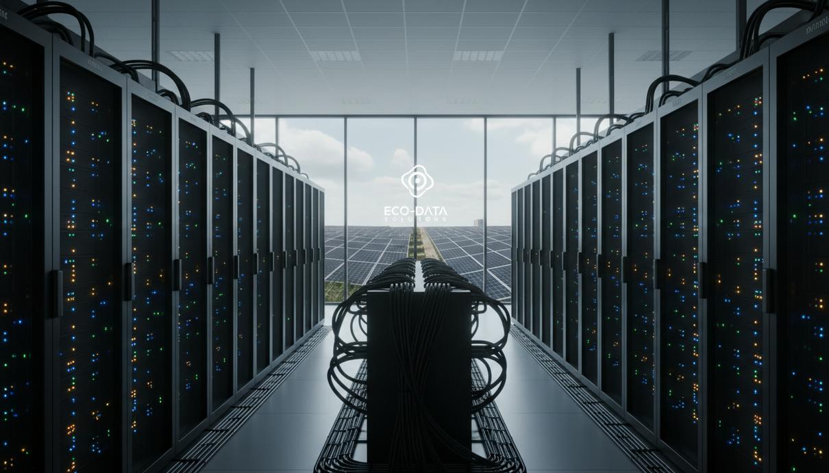 Современный центр обработки данных с рядами серверных стоек, работающий от солнечных панелей, видимых через большое окно.