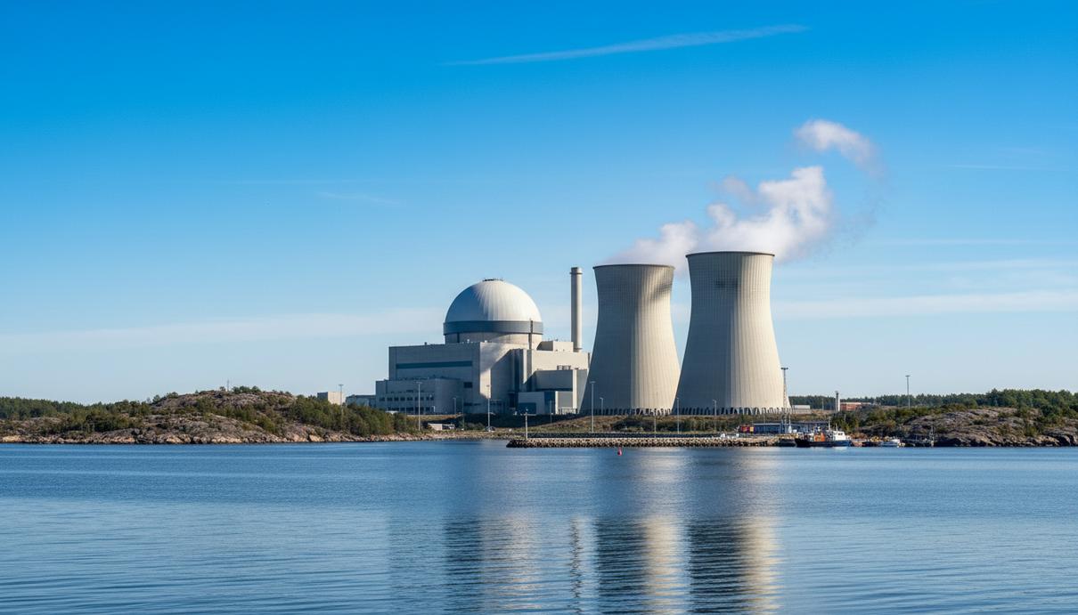 Fortum подала заявку на строительство новых реакторов в Швеции Атомная электростанция Оскарсхамн в Швеции на берегу моря, вид на корпуса реакторов и сопутствующую инфраструктуру.