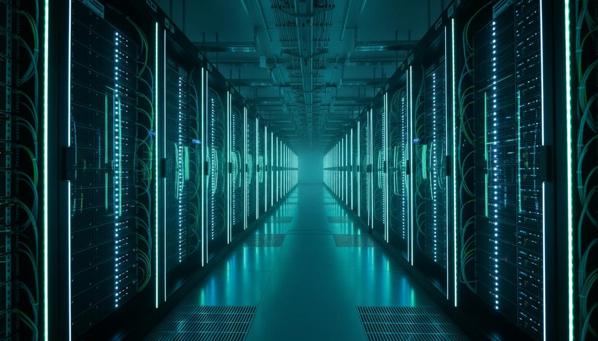 Ряды серверных стоек в современном центре обработки данных, подсвеченные синими светодиодными огнями.