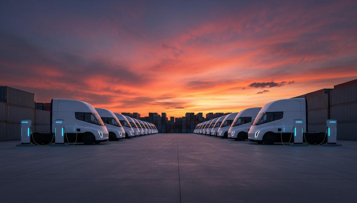 Ряд белых электрических тягачей Tesla Semi на парковке у современного логистического терминала на закате. Рядом светятся зарядные станции.