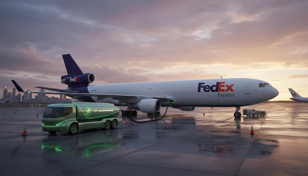Грузовой самолет FedEx на взлетной полосе в аэропорту, к крылу подключен заправочный шланг от топливозаправщика.