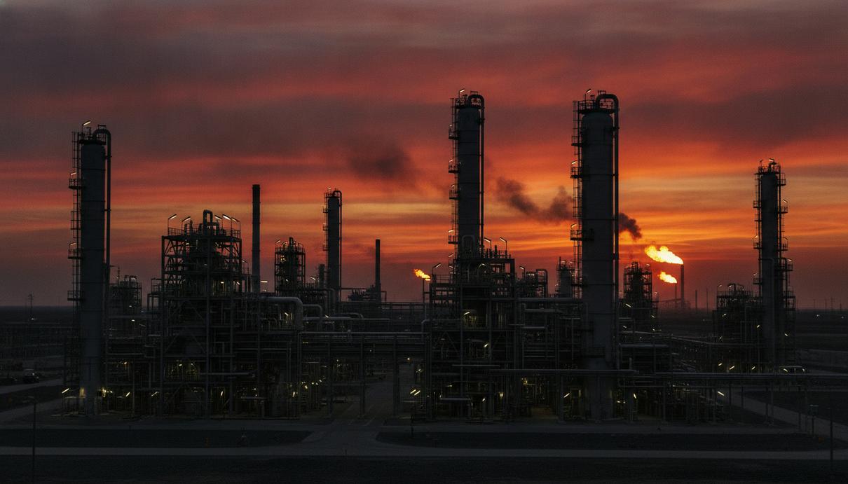 Трубопроводы и металлоконструкции современного газоперерабатывающего завода на фоне заката. Вдали видны газовые факелы.