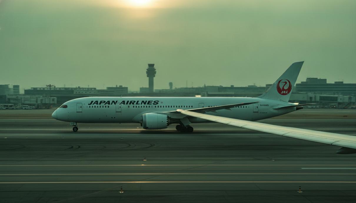 Пассажирский самолет Japan Airlines на взлетно-посадочной полосе аэропорта на рассвете, крупный план законцовки крыла.