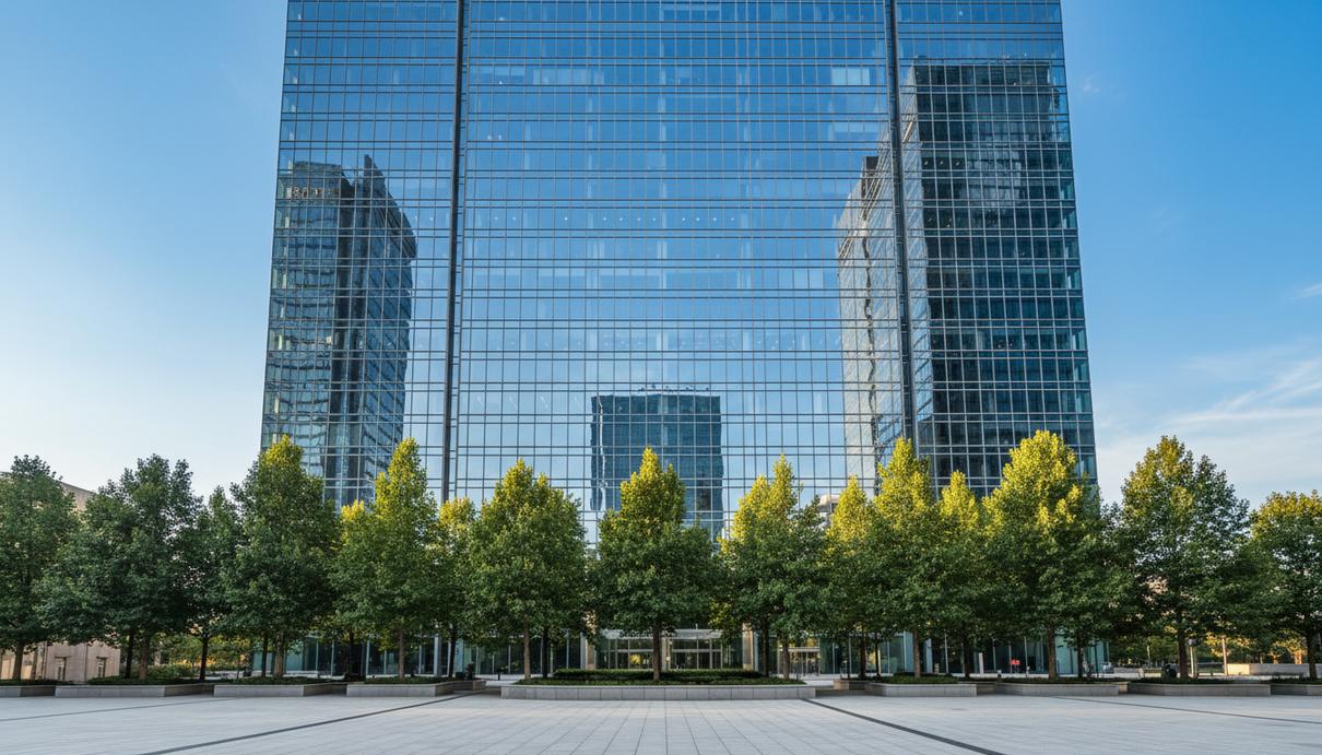 Citigroup выделил почти $650 млрд на устойчивое финансирование Современный стеклянный небоскрёб, штаб-квартира крупного банка, в фасаде которого отражается голубое небо, у основания здания видны зелёные деревья.