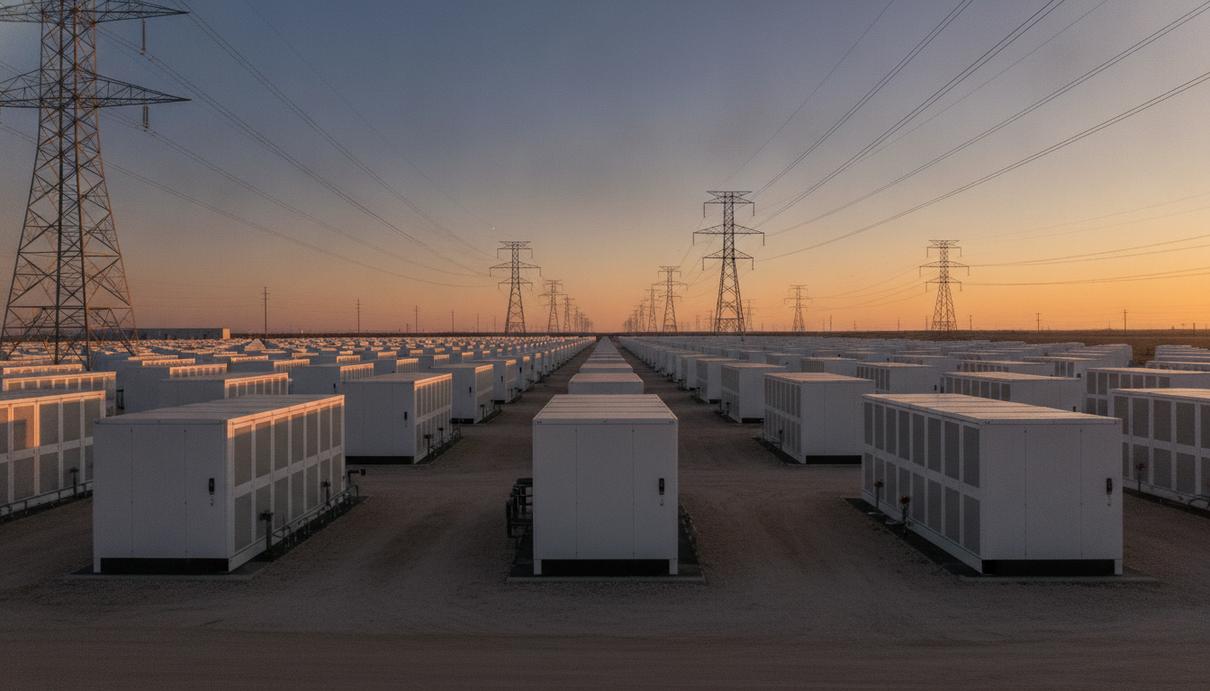 Прибыль Tesla упала на 43% из-за обвала доходов от продажи экокредитов Ряды аккумуляторных систем хранения энергии Tesla Megapack на крупной электростанции в сумерках.
