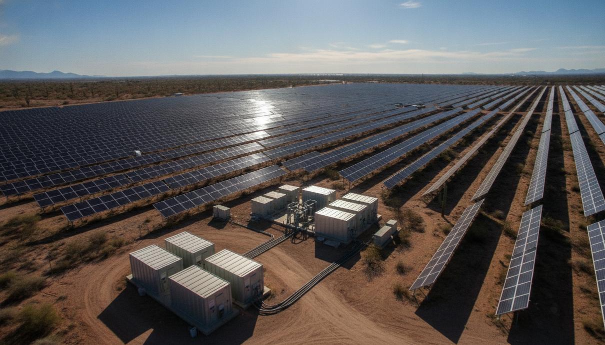 Бескрайние ряды солнечных панелей и контейнеры систем хранения энергии на солнечной электростанции в пустыне.