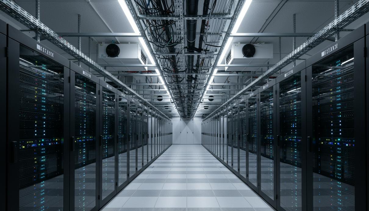Ряды серверных стоек в современном центре обработки данных, светящиеся индикаторы на оборудовании, система кабелей и охлаждения.