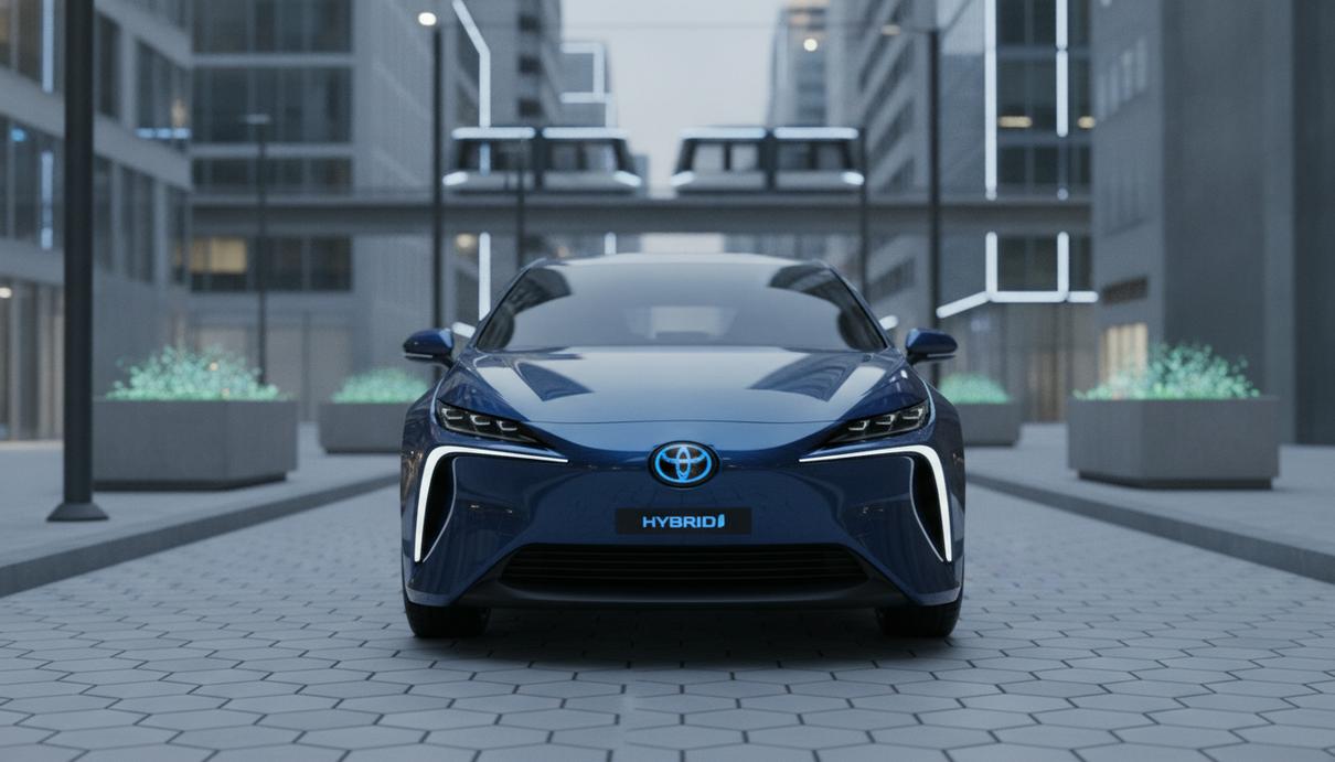 Современный гибридный автомобиль Toyota на городской улице, крупный план логотипа гибридной силовой установки на кузове.