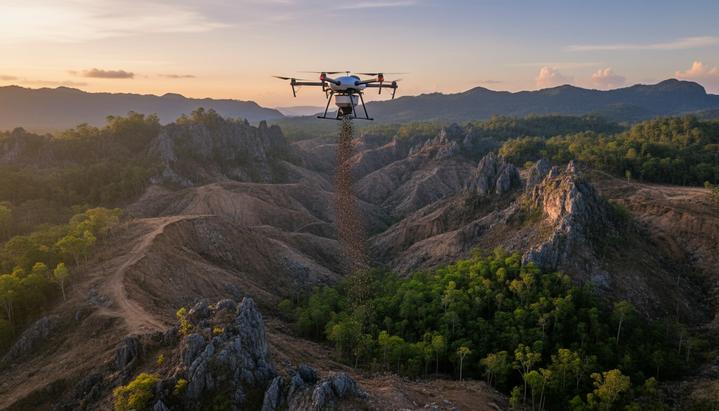 Квадрокоптер для лесовосстановления летит над горным склоном на Филиппинах, где видны участки вырубленного и нового молодого леса.