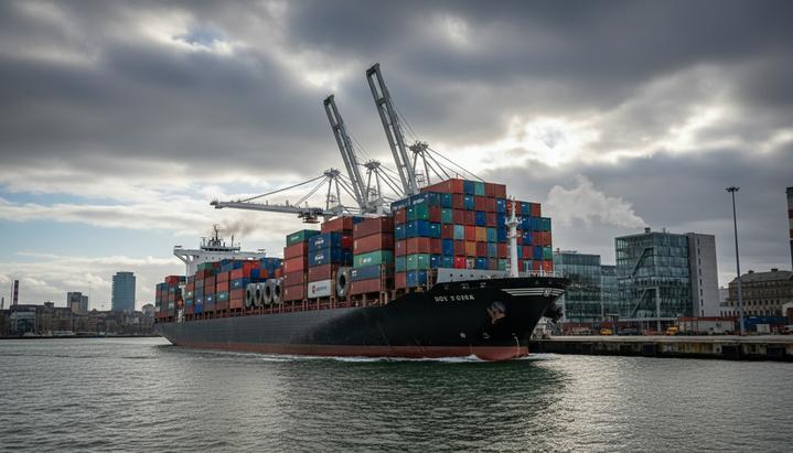 Огромный грузовой корабль с контейнерами и рулонами стали в промышленном порту на фоне пасмурного неба.