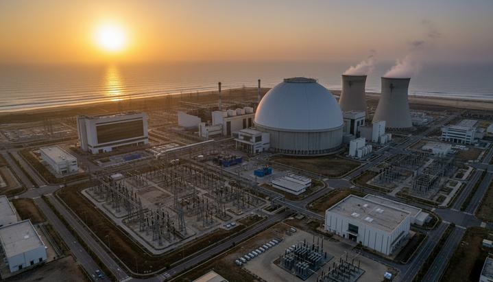 Современная атомная электростанция с большим реакторным куполом на побережье Индии на рассвете.