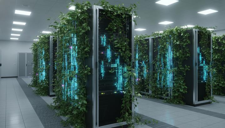 Серверные стойки в дата-центре, переплетенные с живыми зелеными растениями и светящимися потоками цифровых данных.