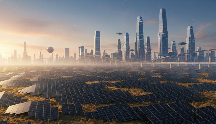 Бескрайнее поле солнечных панелей на рассвете, на горизонте виднеется силуэт современного азиатского мегаполиса.