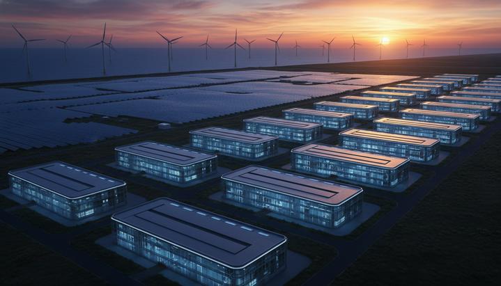 Энергетический аппетит ИИ: вызов климату или драйвер декарбонизации Современный дата-центр на побережье на закате, окруженный полями солнечных панелей, с морскими ветряными турбинами на горизонте.