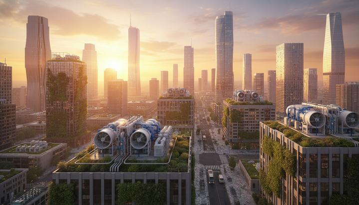 Современный городской пейзаж с небоскребами, на крышах которых установлены модули улавливания углерода и зеленые сады.