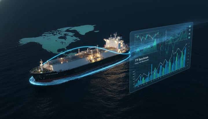 Огромный танкер-газовоз для СПГ в ночном океане и абстрактные финансовые графики цен на газ на цифровом экране.