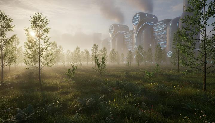 Молодой лес на рассвете, на заднем плане виднеется технологическая установка по улавливанию CO2 из воздуха.