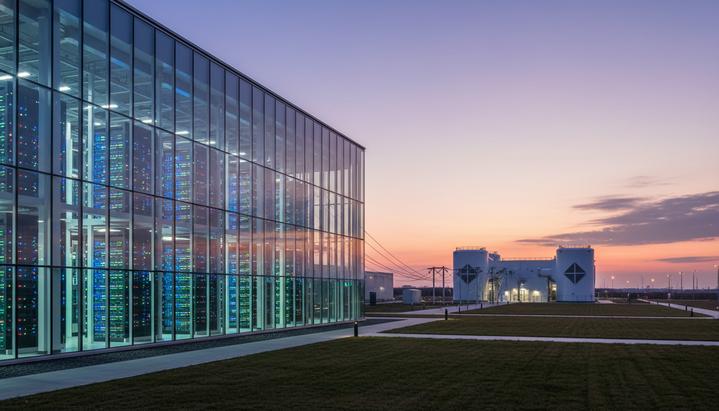Современный центр обработки данных со светящимися серверами, соединенный с компактной атомной электростанцией на фоне заката.