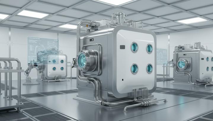 Компактный модульный ядерный реактор нового поколения в современном, освещенном промышленном помещении.