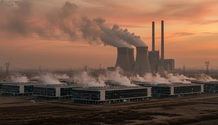 Современный дата-центр на закате и угольная электростанция с дымящими трубами на заднем плане.
