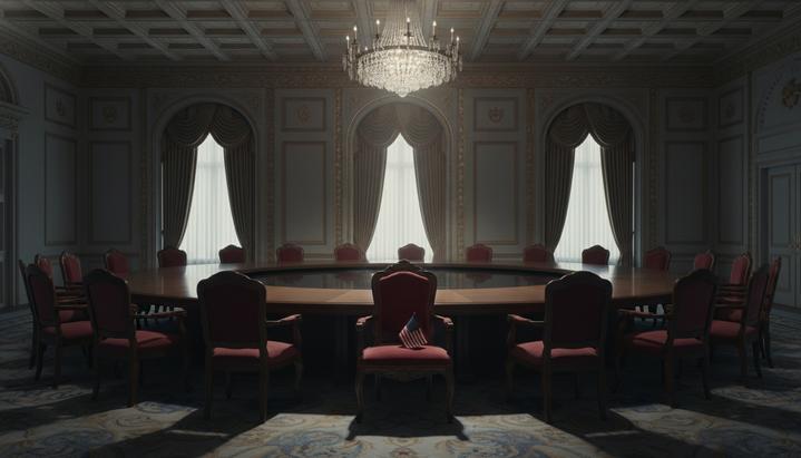 Пустой стул с флагом США за круглым столом в большом зале для международных переговоров.