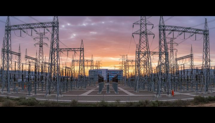Масштабная электроподстанция и уходящие вдаль линии электропередач на фоне заката. Вдали виднеется здание современного дата-центра.
