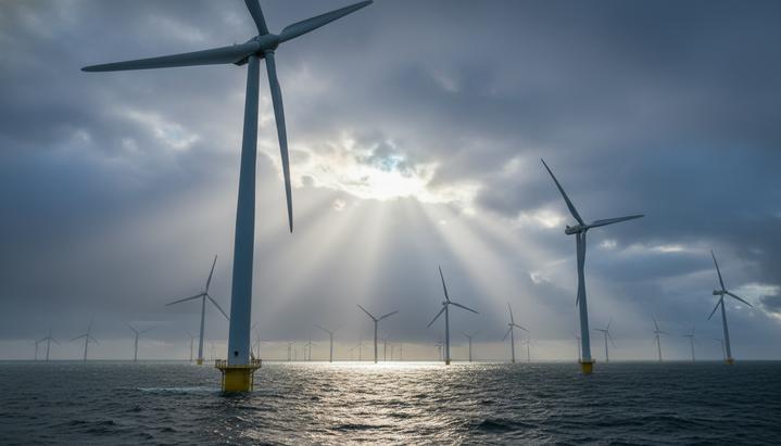 Огромная морская ветряная электростанция с рядами турбин, уходящими за горизонт в открытом океане под облачным небом.