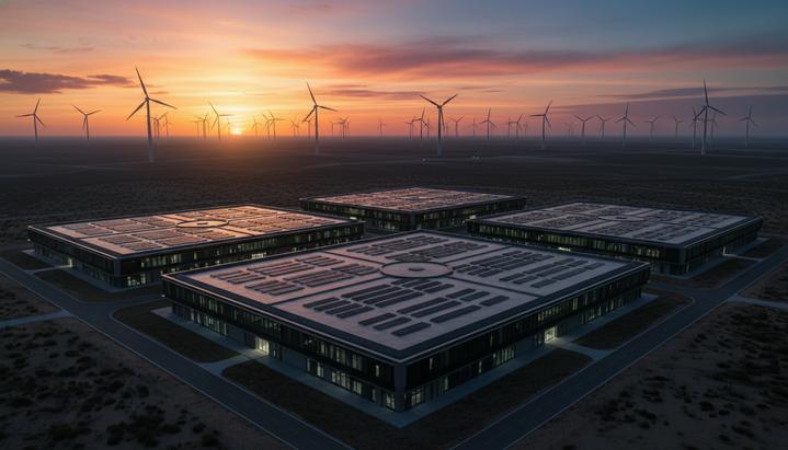 Современный дата-центр с солнечными панелями на крыше на фоне поля с ветряными турбинами во время заката.