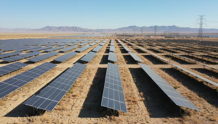 Огромная солнечная электростанция с рядами панелей, уходящими за горизонт, в засушливой местности под ясным небом.