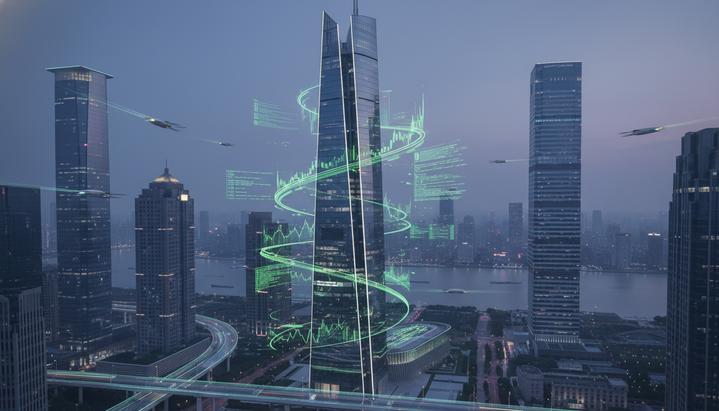 Современный небоскреб на фоне вечернего мегаполиса, окруженный светящимися зелеными потоками данных и графиков.