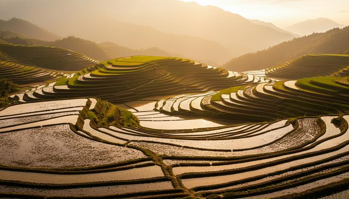 Обширные террасные рисовые поля на Филиппинах на рассвете, часть полей залита отражающей свет водой, а часть – сухая и зеленая.