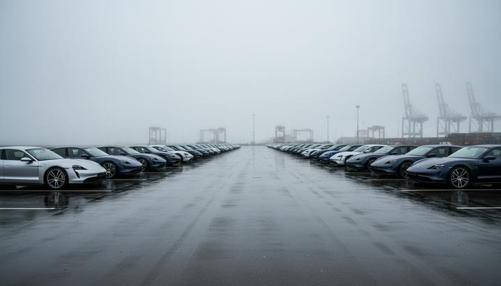 Ряд новых электромобилей Porsche Taycan на парковке в промышленном порту в пасмурную погоду.