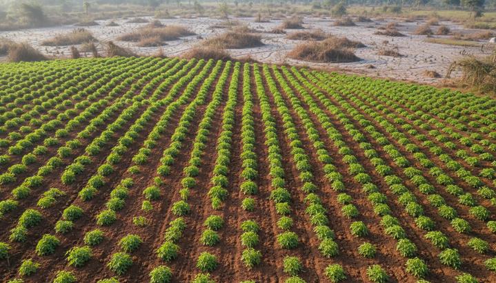 Ряды молодых саженцев деревьев, высаженных на восстановленной земле в Уганде, на фоне ранее деградировавших участков почвы.