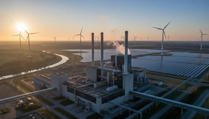 Промышленный комплекс с чистыми трубами на фоне поля с ветряными турбинами и солнечными панелями на рассвете.