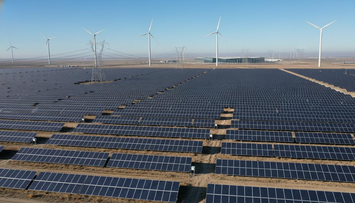 Просторное поле с рядами солнечных панелей и ветряными турбинами на горизонте. Линии электропередач ведут к зданию дата-центра вдалеке.