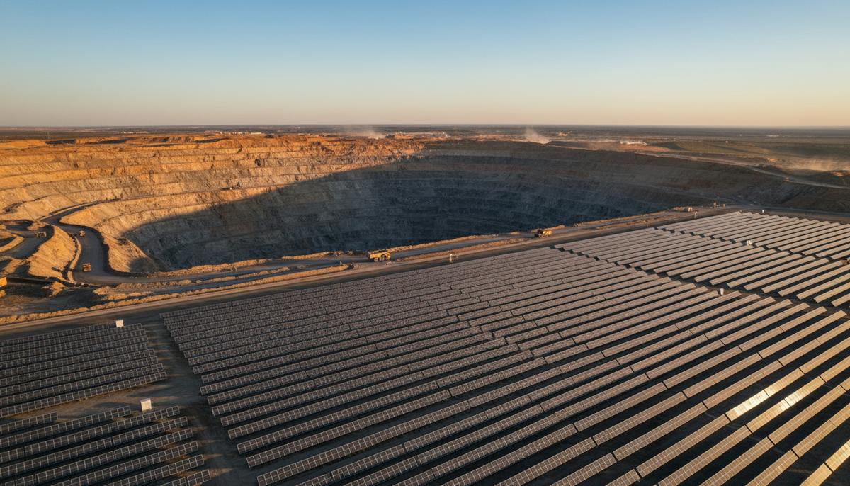 Огромный карьер по добыче золота на фоне современной солнечной электростанции, символизирующей зеленую трансформацию индустрии.